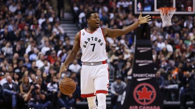 TORONTO, ON - DECEMBER 09: Kyle Lowry #7 of the Toronto Raptors shouts to his teammates during an NBA game against the San Antonio Spurs at the Air Canada Centre on December 09, 2015 in Toronto, Ontario, Canada. NOTE TO USER: User expressly acknowledges and agrees that, by downloading and or using this photograph, User is consenting to the terms and conditions of the Getty Images License Agreement. Vaughn Ridley/Getty Images/AFP== FOR NEWSPAPERS, INTERNET, TELCOS & TELEVISION USE ONLY ==