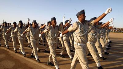 Soldiers from the self-styled army of Libyan Strongman Khalifa Haftar take part in a military parade in the eastern city of Benghazi on May 7, during which Haftar announced a military offensive to take from "terrorists" the city of Derna, the only part of eastern Libya outside his forces' control. AFP PHOTO/Abdullah DOMA