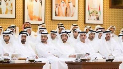 Sheikh Hamdan bin Zayed, the Deputy Prime Minister (third left), and Sheikh Saif bin Zayed, the Interior Minister (fifth left), with other attendees at the lecture.