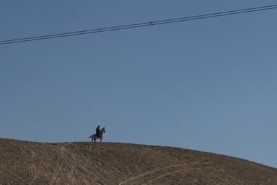 Omar Abu Karama and his horse Shaheen atop a sand dune in the Abu Sir necropolis. The necropolis houses some of the oldest graves from ancient Egypt. Photo: Mahmoud Nasr