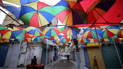 A view of the decorative umbrellas in Bohri bazaar in Karachi, Pakistan. EPA
