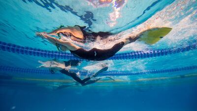 Competitors in the 800m surface swimming of the Finswimming World Cup in Eger, Hungary, on Saturday, February 22. EPA