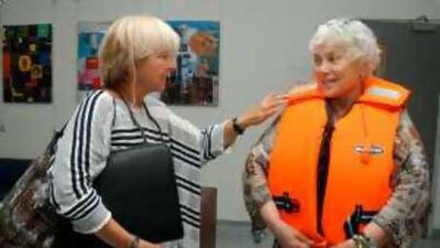 Angela Godfrey-Goldstein, left, talks to fellow volunteer Mary Hughes-Thompson at the offices of the Free Gaza Movement in Cyprus.