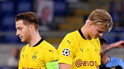 Borussia Dortmund's Marco Reus, left, and Erling Braut Haaland during their 3-1 Champions League defeat to Lazio on Tuesday, October 20. Reuters