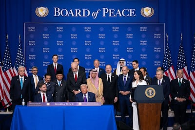 Sheikh Abdullah bin Zayed joins US President Donald Trump and other world leaders at the Board of Peace meeting. Photo: Wam