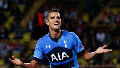 Erik Lamela of Tottenham Hotspur celebrates scoring the opening goal during their Europa League match against AS Monaco on October 1, 2015.