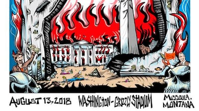 This image taken from the Twitter account of Pearl Jam shows the official poster from the band's concert on Monday, Aug. 13, 2018 in Missoula. Republicans condemned the poster that shows the White House in flames and a bald eagle pecking at a skeleton they say is meant to depict President Donald Trump. Photo / AP