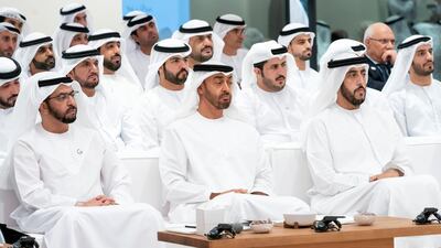 Sheikh Hamdan bin Zayed, Ruler’s Representative in Al Dhafra Region, Sheikh Mohamed bin Zayed, Crown Prince of Abu Dhabi and Deputy Supreme Commander of the UAE Armed Forces and Sheikh Rashid bin Saud bin Rashid, Crown Prince of Umm Al Quwain, attend a lecture by Dr Pavan Sukhdev entitled: ”Redefining wealth for an economy of performance", at Majlis Mohamed bin Zayed.