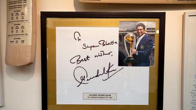 Dubai, United Arab Emirates, November 19, 2012: Favourite things: signed photo of Indian cricket legend Sachin Tendulkar. Shyam Bhatia has made a museum out of his cricket collection at his home in the Jumeirah area in Dubai on November 19, 2012. Christopher Pike / The National