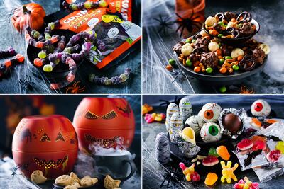 Clockwise from top left, Colin the Caterpillar super sours; HallowScream munch mix; Zombie Eyeballs and sour spiders; and shortbread light-up pumpkin tin. Photo: M&S