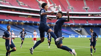 Marquinhos celebrates scoring PSG's first goal with Neymar,. Reuters