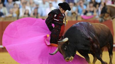 Mexican matador Joselito Adame performs a pass on a bull during a bullfight at the Maestranza bullring in Sevilla on May 9, 2014. AFP