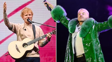 Macklemore, right, was removed from the Loop tour after saying 'free Palestine' at a show headlined by Ed Sheeran, left. AFP