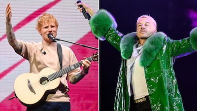 Macklemore, right, was removed from the Loop tour after saying 'free Palestine' at a show headlined by Ed Sheeran, left. AFP