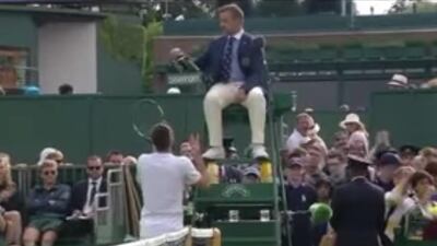 In this screenshot taken from YouTube, Viktor Troicki berates the umpire after his second round defeat to Albert Ramos at Wimbledon.