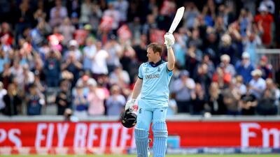England's Eoin Morgan celebrates reaching his century. PA Wire