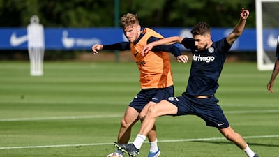 Timo Werner and Jorginho during a session at Chelsea training ground.