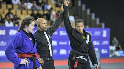 Gabrieli Pessanha from Brazil, defeats Kendall Reusing from USA at the Abu Dhabi Grand Slam championship in jiu-jitsu in the Mubadala Arena