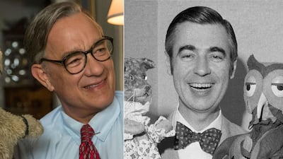 Tom Hanks, left, plays Fred Rogers, right, in 'A Beautiful Day in the Neighborhood'. Getty; Lacey Terrell