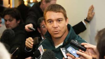 The South Africa captain John Smit fields questions from the media.