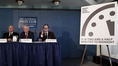 From left, Thomas Pickering, co-chair of the International Crisis Group; David Titley, an expert in the field of climate and the Arctic; and Lawrence Krauss, theoretical physicist and chair of the Bulletin of the Atomic Scientists’ Board of Sponsors, address a news conference at the National Press Club in Washington on January 26, 2017. Carolyn Kaster / AP Photo