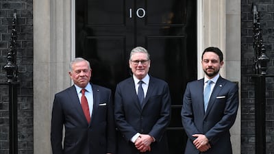 Mr Starmer welcomes Jordan's King Abdullah II and his son Crown Prince Hussein at 10 Downing Street in February. Getty Images