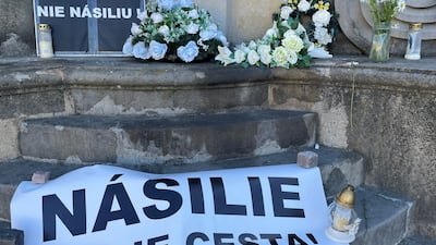 A banner with the the message 'No to violence' is displayed in the city square in Banska Bystrica, Slovakia, following the assassination attempt on Prime Minister Robert Fico. EPA