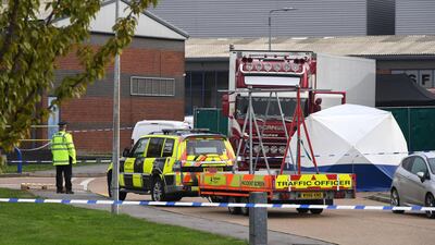 Police activity at the Waterglade Industrial Park in Grays, Essex, after 39 bodies were found inside a lorry container on the industrial estate.