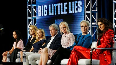 Zoe Kravitz, Laura Dern, Reese Witherspoon, writer David E. Kelley, Nicole Kidman, Meryl Streep and Shailene Woodley attend a panel for the second season of 'Big Little Lies' on February 8, 2019. Reuters