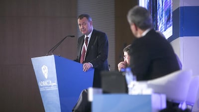 Stuart Clayton, the vice president of hydrocarbon recovery technologies at Shell, delivers a speech at in one of the sessions at ADRAC. Lee Hoagland / The National