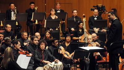 Zakir Hussain and Zane Dalal performing at Symphony Orchestra Of India- Spring Season 2019. Courtesy NCPA/SOI