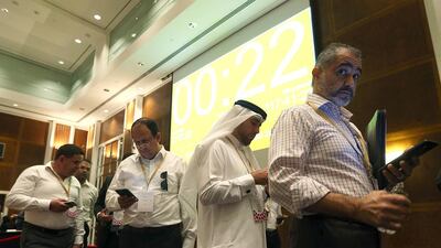 Owners of small and medium-sized businesses queue to meet Expo 2020 officials at the Meet the Buyers event. Satish Kumar / The National