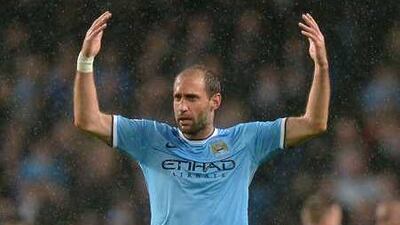 Pablo Zabaleta has made 34 appearances, scoring one goal and assisting on six, for Manchester City this season. Paul Ellis / AFP