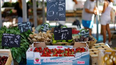 Price tags at a market in Nice, France. Reuters