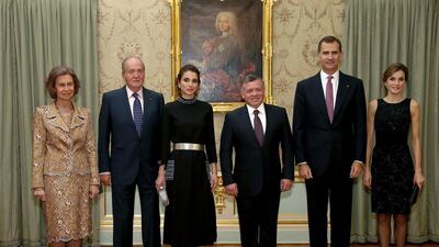 Spanish Queen Sofia, her husband King Juan Carlos, Jordanian Queen Rania, her husband King Abdallah II of Jordan, King Felipe of Spain and his wife Queen Letizia. AFP