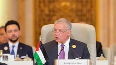 Jordan's King Abdullah II at an Arab-Islamic summit on Gaza in Riyadh, Saudi Arabia. SPA