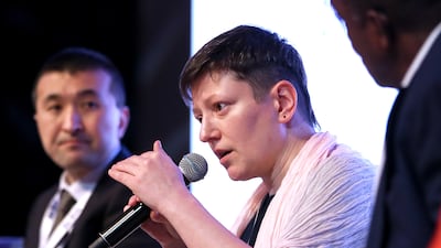 Kateryna Chuyeva, UkraINE'S Deputy Minister of Culture, speaks at the Aliph forum in Abu Dhabi. Victor Besa / The National