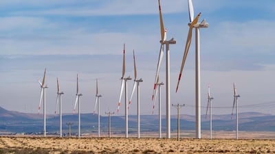 Wind turbines at a wind farm beside King's Highway in Ma'an Governorate in Jordan. Alamy