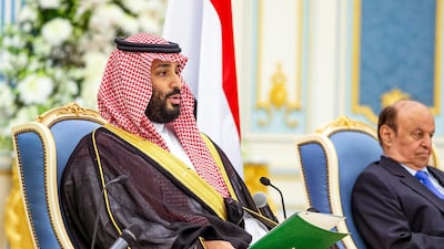 Prince Mohammed bin Salman and Mr Hadi at the ceremony. AFP