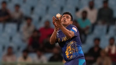 Sri Lanka's Maheesh Theekshana takes the catch to get Australia's Josh Inglis out. AP