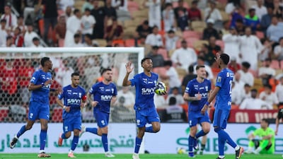 Al Hilal's Nasser Al Dawsari celebrates scoring against Al Kholood. Getty Images
