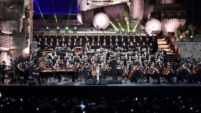 Lebanese Oud musician and singer Marcel Khalife (C) performs at the opening night of the annual Baalbeck International Festival (BIF) in Baalbeck, Beqaa Valley, Lebanon, 05 July 2019. The festival runs from 05 July to 03 August 2019. Photo: EPA