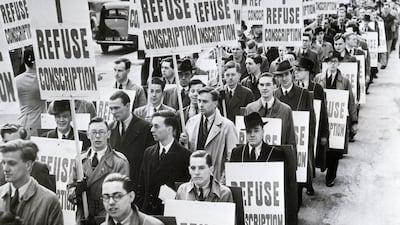 Members of Britain's No Conscription League parade in protest of the government's compulsory conscription bill in 1939