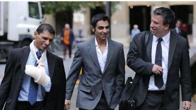 Former Pakistan cricket captain Salman Butt (centre)) arrives at Southwark Crown Court in London where he and fast bowler Mohammad Asif are on trial charged with spot-fixing during a Test match against England last year. CARL COURT / AFP PHOTO
