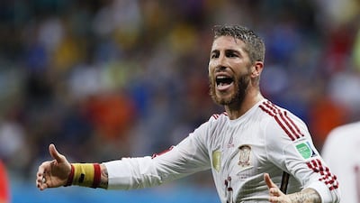 Sergio Ramos of Spain reacts during his side's 5-1 loss to Netherlands on Friday night at the 2014 World Cup in Salvador, Brazil. Juanjo Martin / EPA