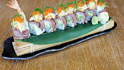 Appetiser: Wagyu beef roll with shrimp tempura, Philadelphia cheese, pickled radish, avocado and teriyaki sauce; Dh20 from Cafe Sushi