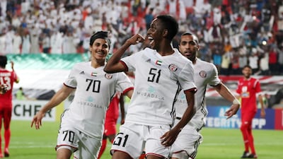 Al Jazira's Khalifa Mubarak Al Hammadi celebrates after scoring the third goal during their Asian Champions League game against Persepolis at Mohammed bin Zayed Stadium in Abu Dhabi. Pawan Singh / The National