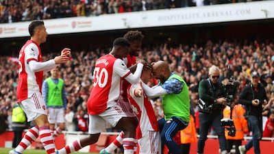 Arsenal's Granit Xhaka celebrates after scoring the third goal in the 3-1 Premier League victory over Manchester United at Emirates Stadium on April 23. Getty