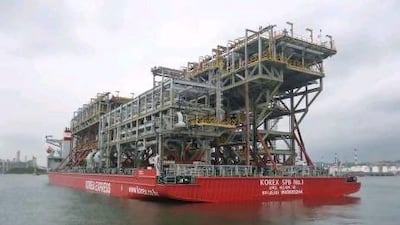 Here is the Kore Express barge carrying the second set of modules to Das Island. These are the modules that were shipped from Ulsan, Korea on May 31, 2012 and are now being installed on Das Island as prefabricated modules. Courtesy ADGAS