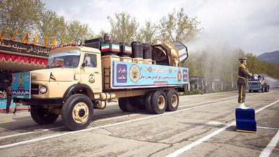 A handout photo made available by the Iranian Army official website of Iranian army disinfection equipment amid the ongoing coronavirus Covid-19 pandemic during a parade inside their base on the occasion of the National Army Day in Tehran, Iran, 17 April 2020. EPA